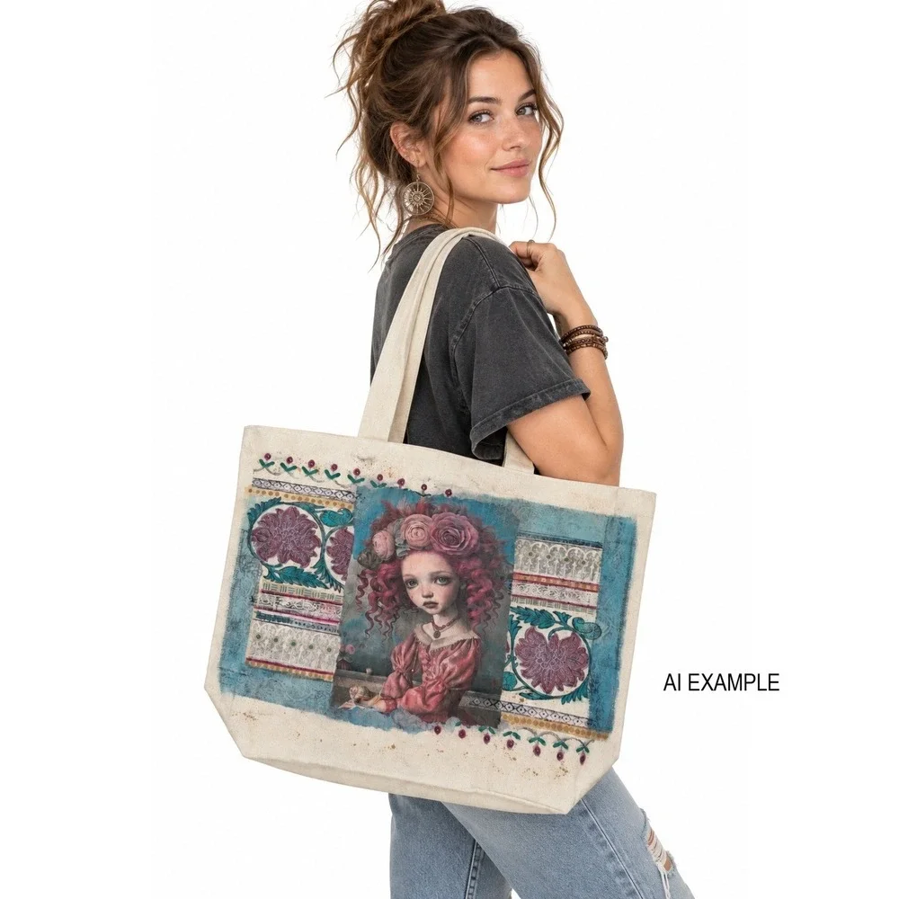 Decoupage Canvas Tote Bag Pink Hair Girl Floral Rose Portrait Boho Art